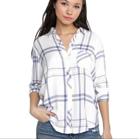 Rails x Anthropologie Hunter Plaid Indigo Powder Blush XS Blue Pink Buttondown - Picture 4 of 11